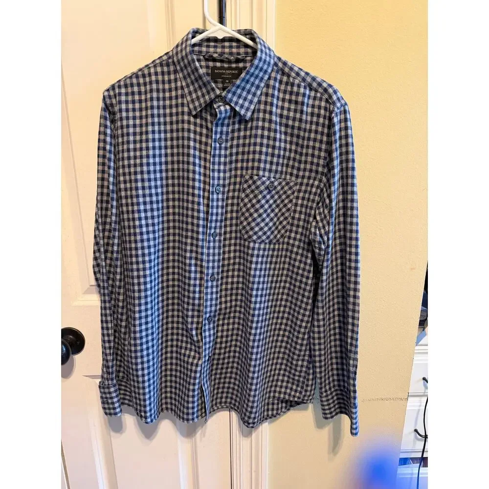 Banana Republic Gingham Navy Gray Cotton Long Sleeve Button Down Shirt Men's M